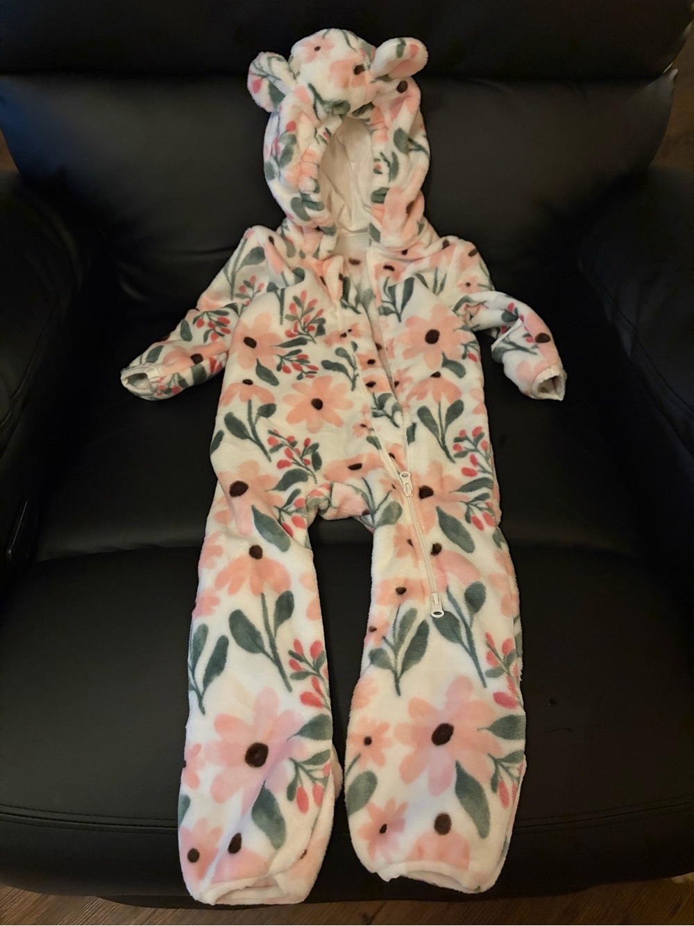 Floral Fleece Hooded One-Piece Romper with fold over hands and feet